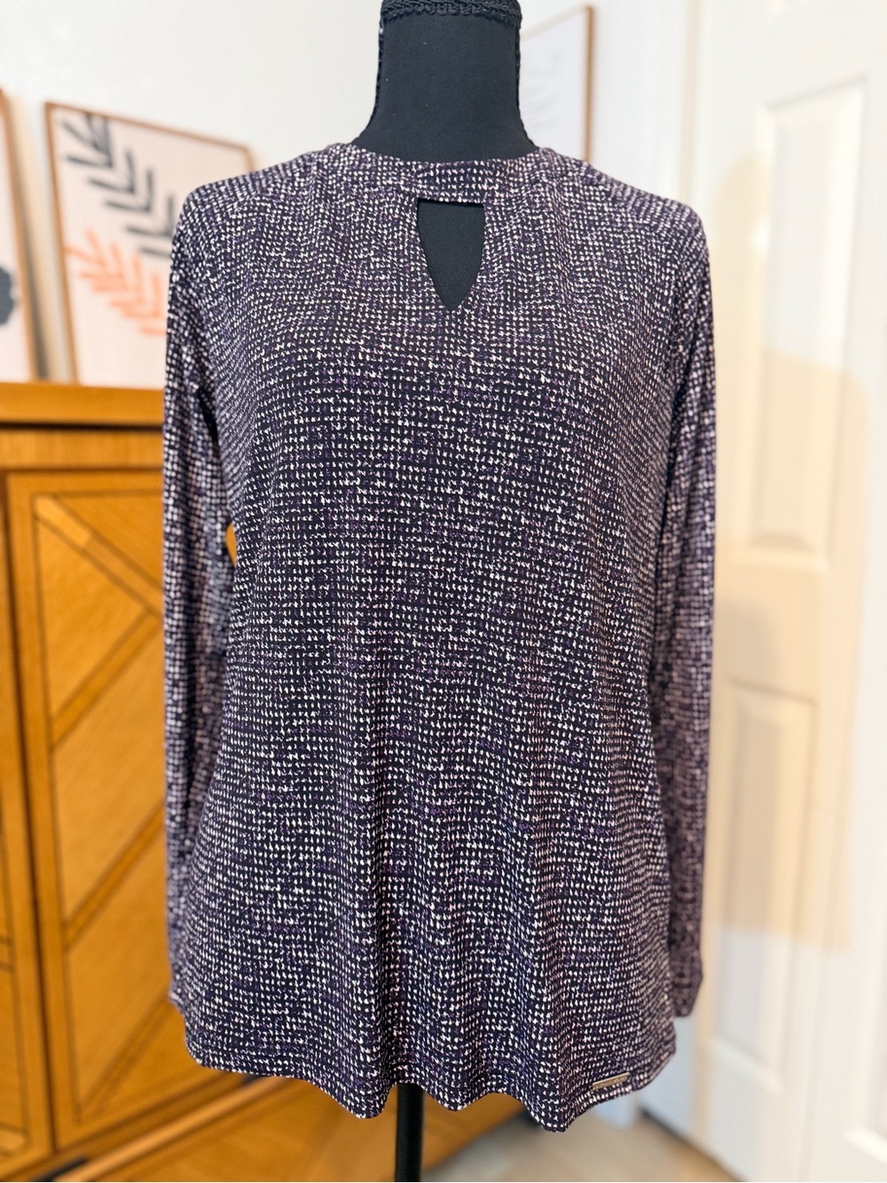 Michael Kors Purple and White Keyhole Long Sleeve Top